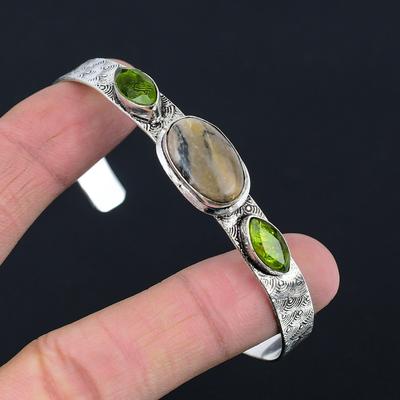 Daughters Day Sale Spider Web Jasper Stone Peridot 925 Silver Bangle Bracelet
