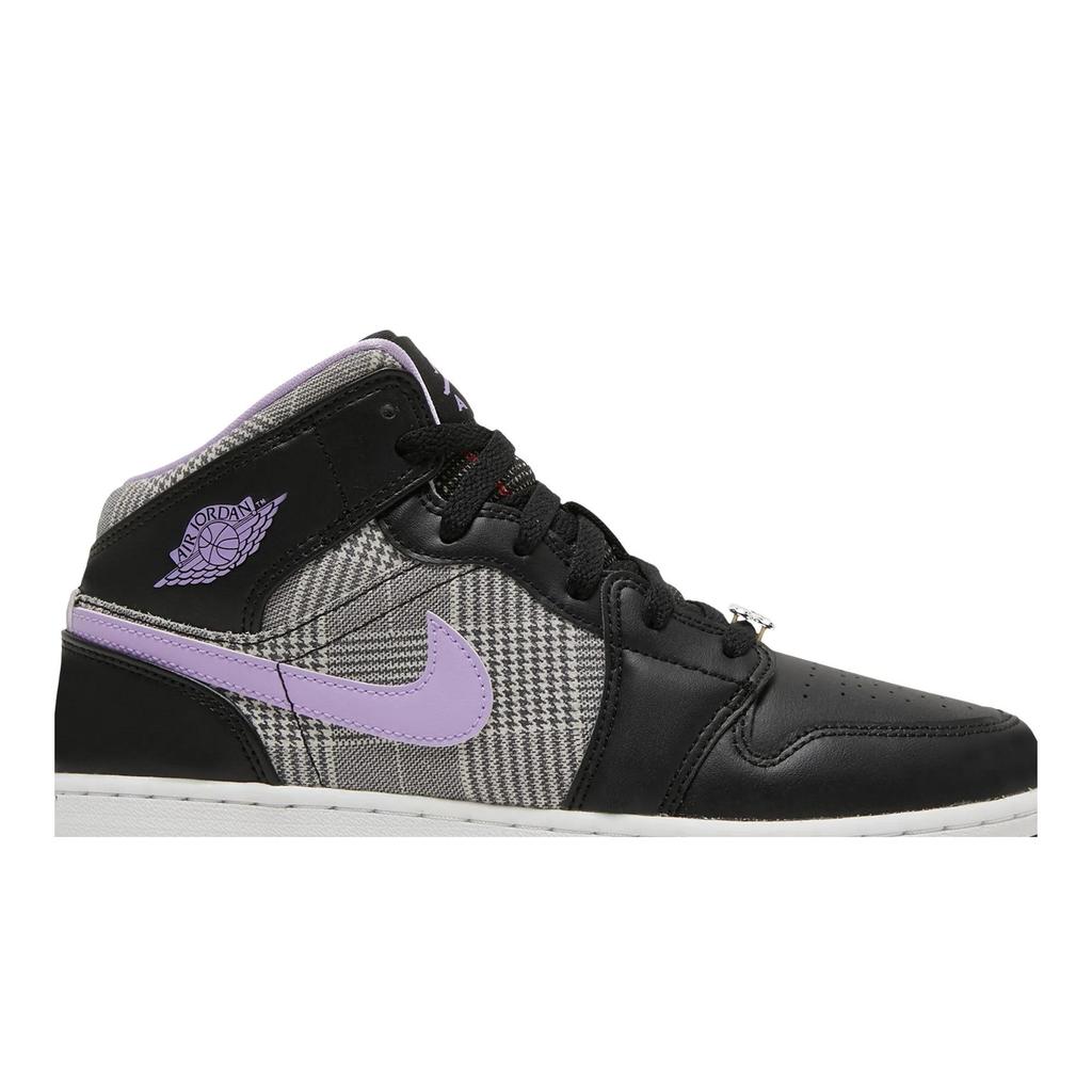 Air Jordan 1 Mid SE Grade School 'Houndstooth' (Unisex) Black / Lilac / White / Metallic Silver Kids' Basketball Shoes DC7226 015