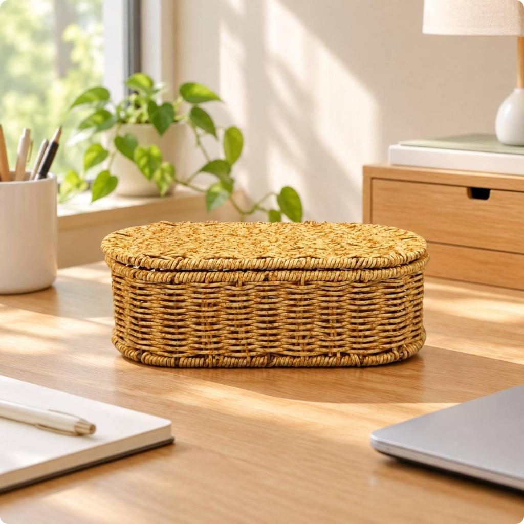 Oval Handwoven Storage Box with Hinged Lid Space-Saving for Tabletops