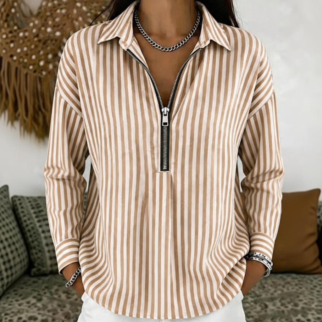 Women's Casual Loose Fit Long Sleeve Shirt Half Zip Front Striped Pattern Collared Blouse Lightweight Top for Everyday Wear