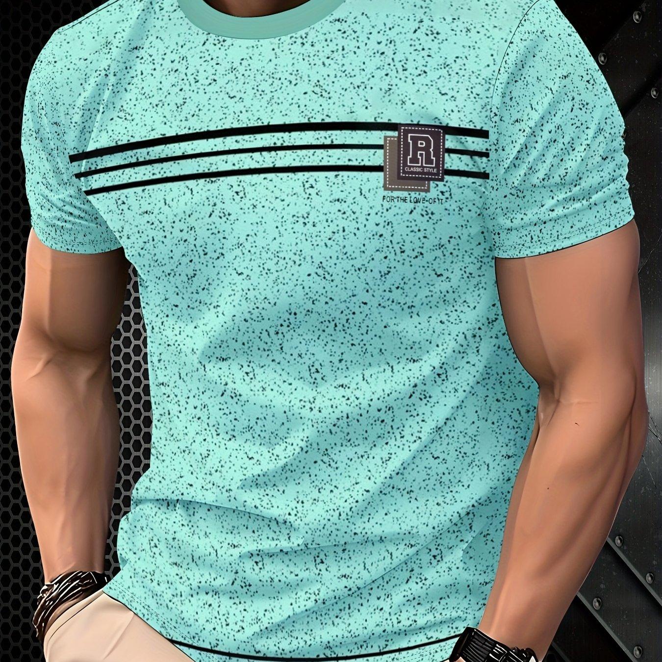 Men s Mint Green Speckled Short Sleeve T-Shirt with Black Striped Chest Design, Casual Summer Crewneck Top for Daily Wear & Street Style Fashion S разноцветный