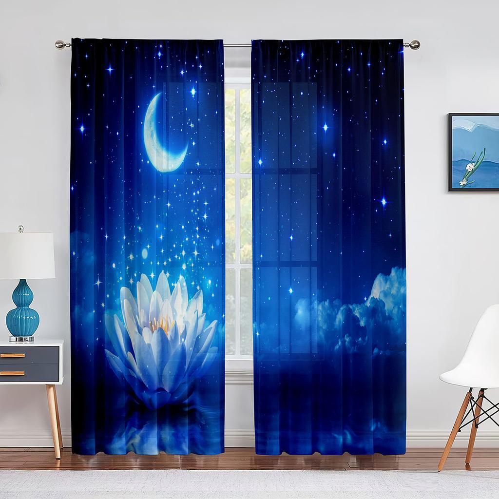 Lotus Flower with Pinkish Petals Water Lily Green Tulle Curtains for Living Room Bedroom Kitchen Chiffon Sheer Curtain Drapes