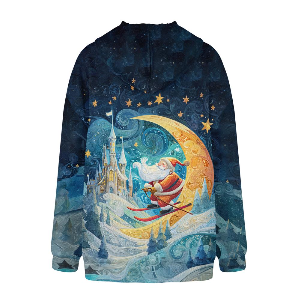 Women's Fashionable Casual Long-Sleeved Christmas Print Fleece-Lined Thick Hooded Sweatshirt