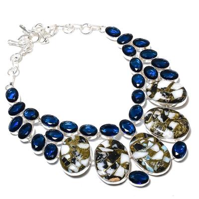 Natural Zebra Jasper,Blue Topaz Gemstone 925 Sterling Silver Necklace 18" f1T80