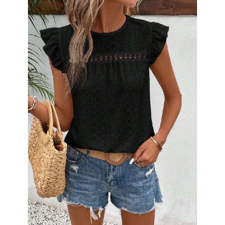 Summer Women's New Round-neck Lace Solid Color Ruffle Short-sleeve Top Casual T-shirt