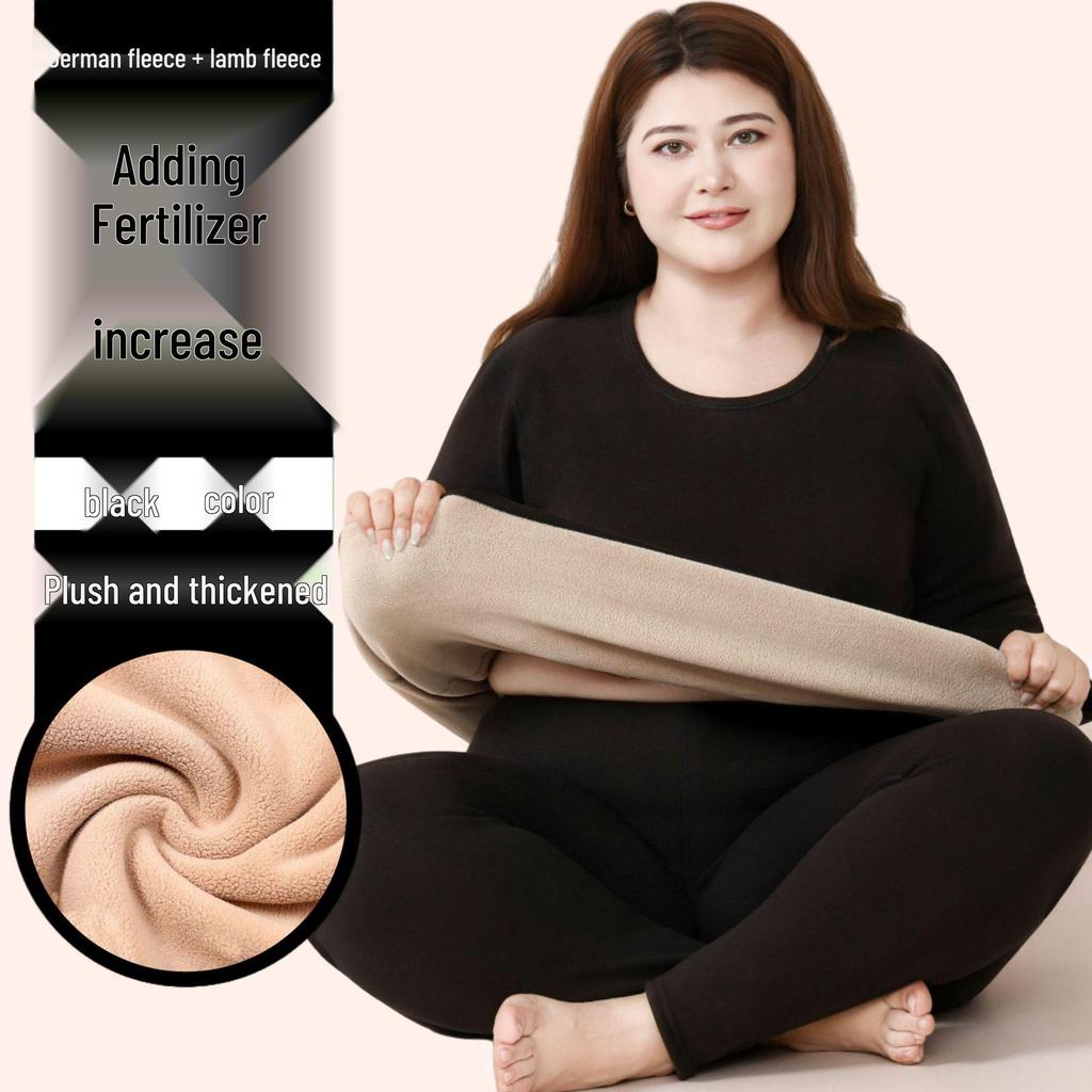 Women's Plus Size Fleece-Lined Lambswool Dralon Crew Neck Warm Underwear Set for Winter Cold Protection