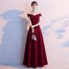 Red One-word Shoulder Dress Women's Pleated Waist A-word Long Thin Banquet Toasting Temperament Celebrity Host Dress