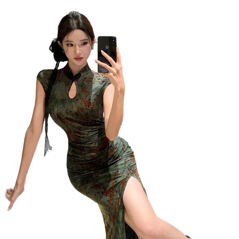 New Chinese National Style Retro Sexy Printing Improved Cheongsam Dress Women's Summer Style Hip-wrapped Long Skirt