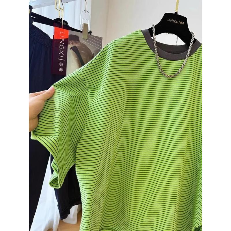 Unisex Green Striped Oversized T-Shirt Short Sleeve Fit Casual Fashion Loose Top