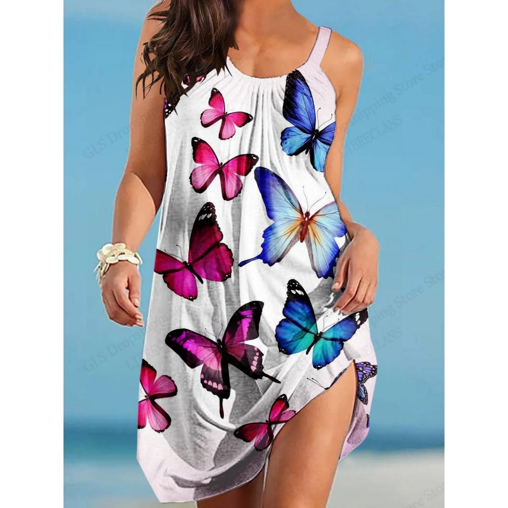 New Fashion Women Hawaiian Beach Dress Elegant Colourful Butterfly 3D Print Summer Midi Strap Bohemian Dresses Sleeveless Party