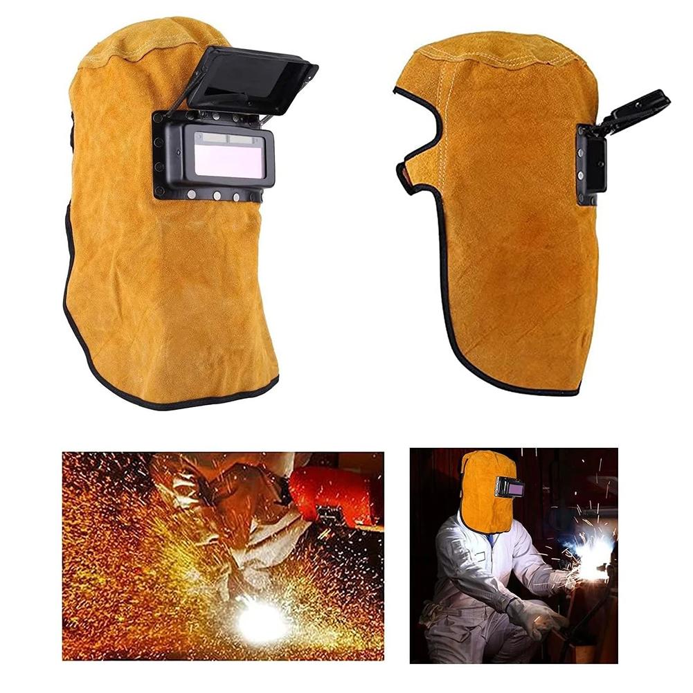 Solar-Powered, Auto-Darkening Filter Lens Welder's Leather Welding Helmet With Hood And Heat-Resistant, Breathable Lens