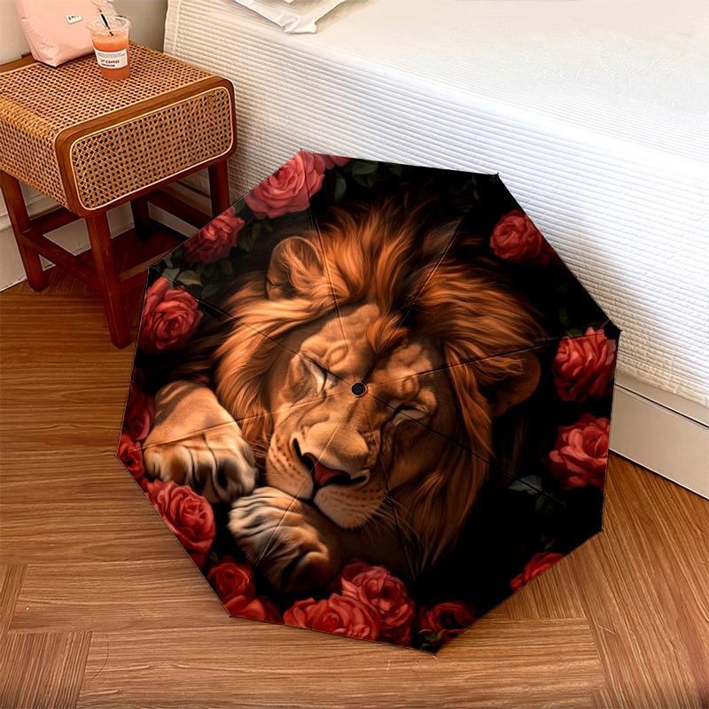 Lion and Rose pattern, automatic folding umbrella, portable and foldable design, 8 ribs, a Christmas or birthday gift.
