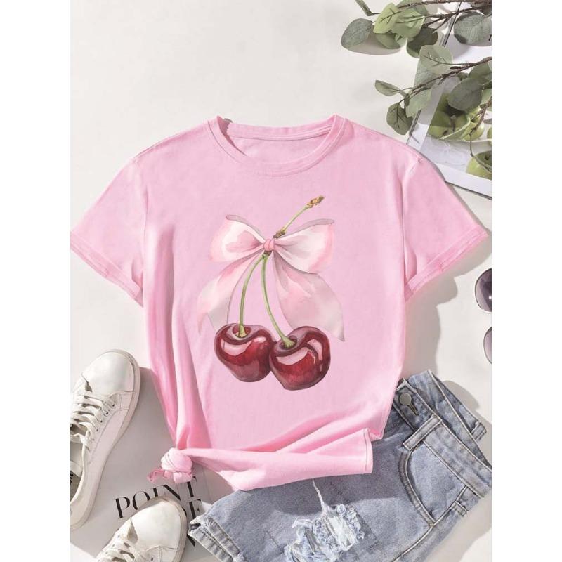 Fashion Cherry Print Women T-Shirt Short Sleeve Crew Neck Casual Tops for Summer Spring Women's Clothing Tops Tees