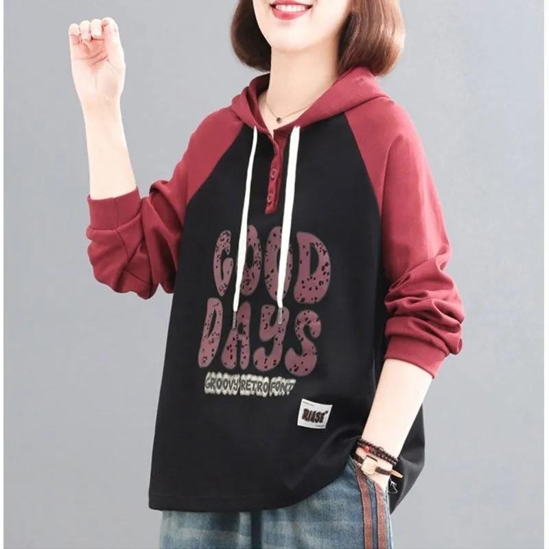 Hooded Sweatshirt for Women New Autumn Korean Style Letter Print Button Hooded Pullover Top