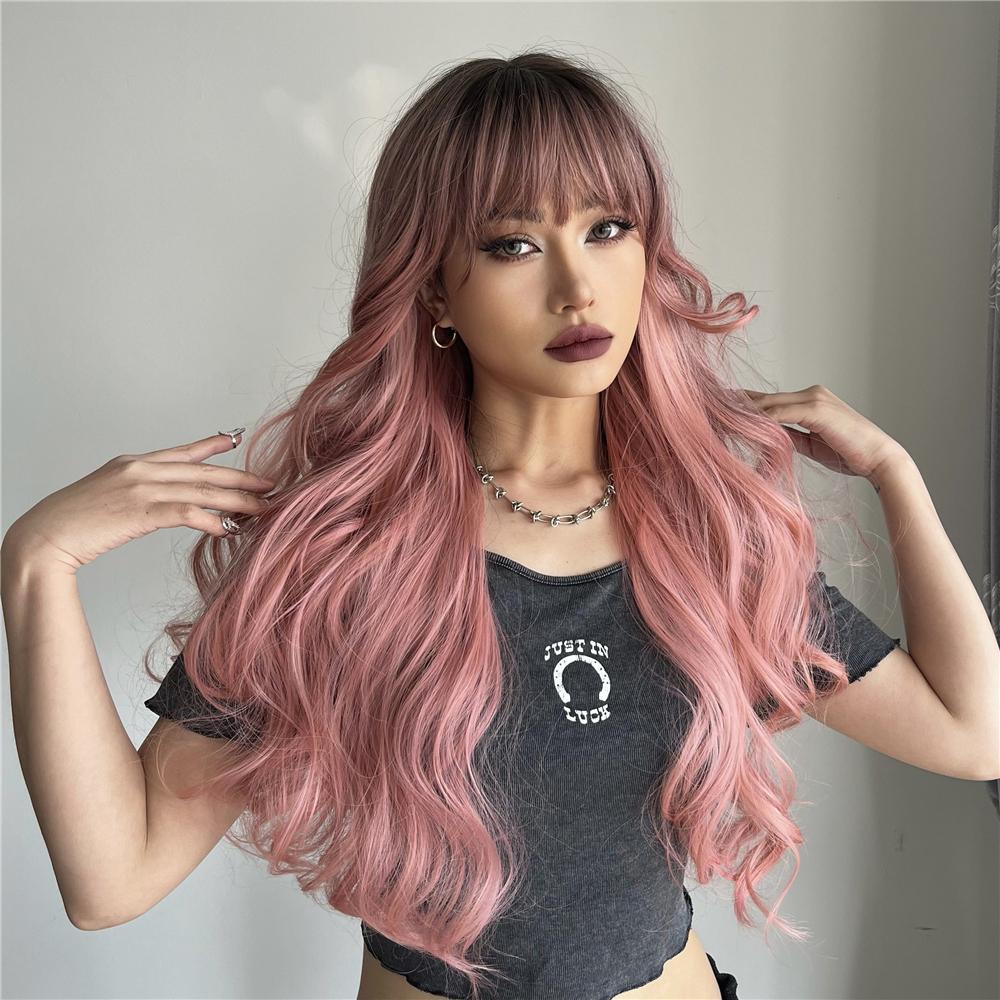 26 Inch Brown Gradient Pink Ombre  Long Curly Hair With Bangs Elegant and Fashionable Synthetic Wig For Ladies KTB