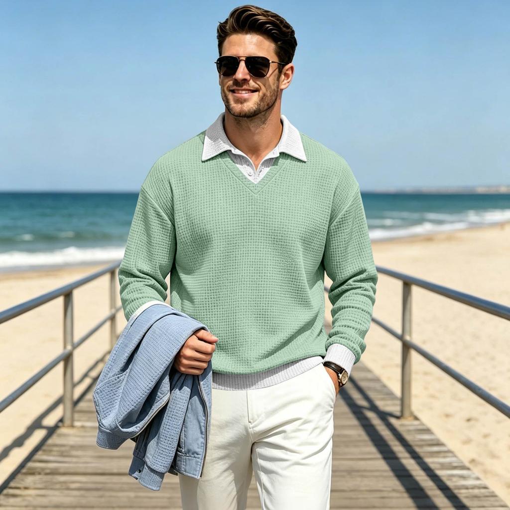 Chemise décontractée à manches longues pour homme, aspect tricot rétro, pour l'automne et l'hiver