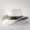 Men's straw cowboy hat with turquoise decorative buckle, wide-brimmed sun hat, summer beach cowboy hat, women's version.