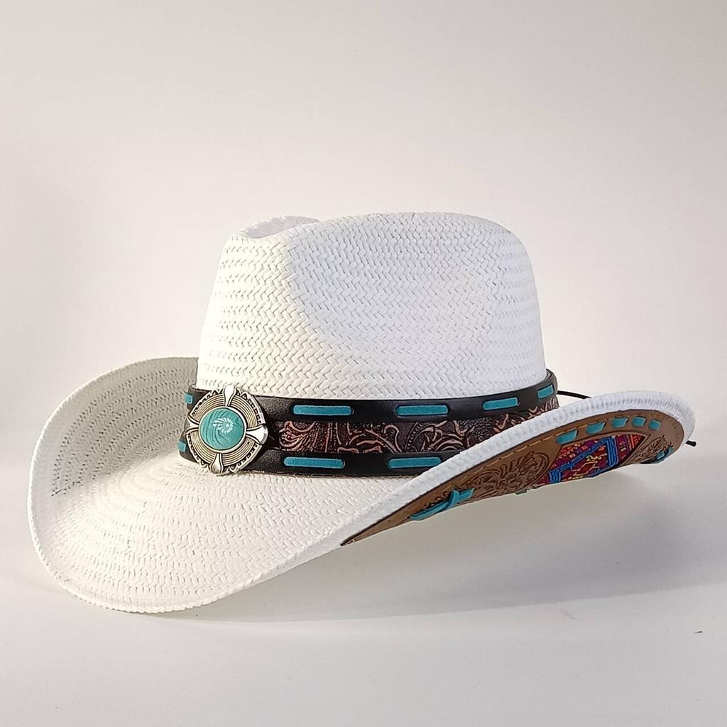 Men's straw cowboy hat with turquoise decorative buckle, wide-brimmed sun hat, summer beach cowboy hat, women's version.