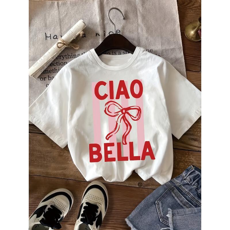 Kids Crewneck Short Sleeve T-Shirt, Trendy Casual Top with Front Ciao Bella Letter Print 110