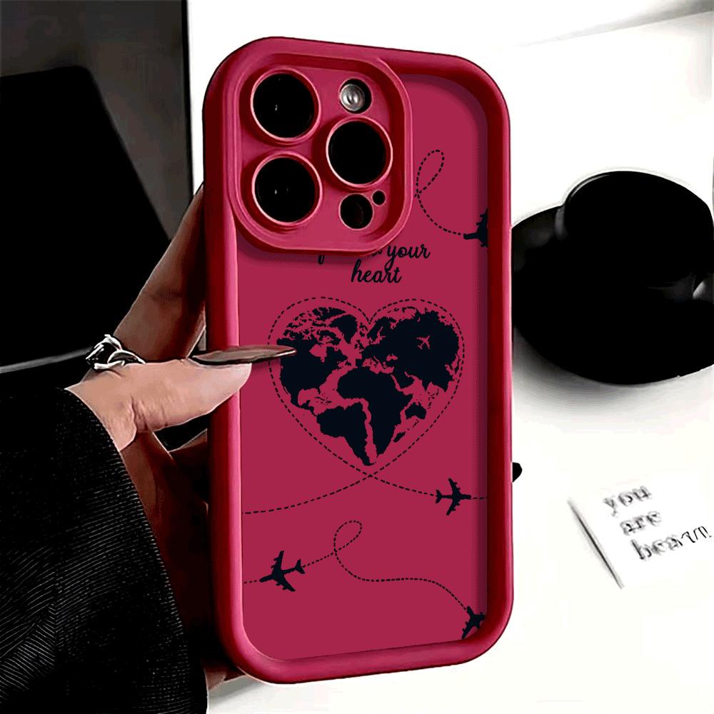 Heart-shaped World Map with Planes Shockproof Phone Case for Xiaomi Redmi Note 14 13 12 11 10 9 8 7 Pro Anti-Slip Soft TPU Cover