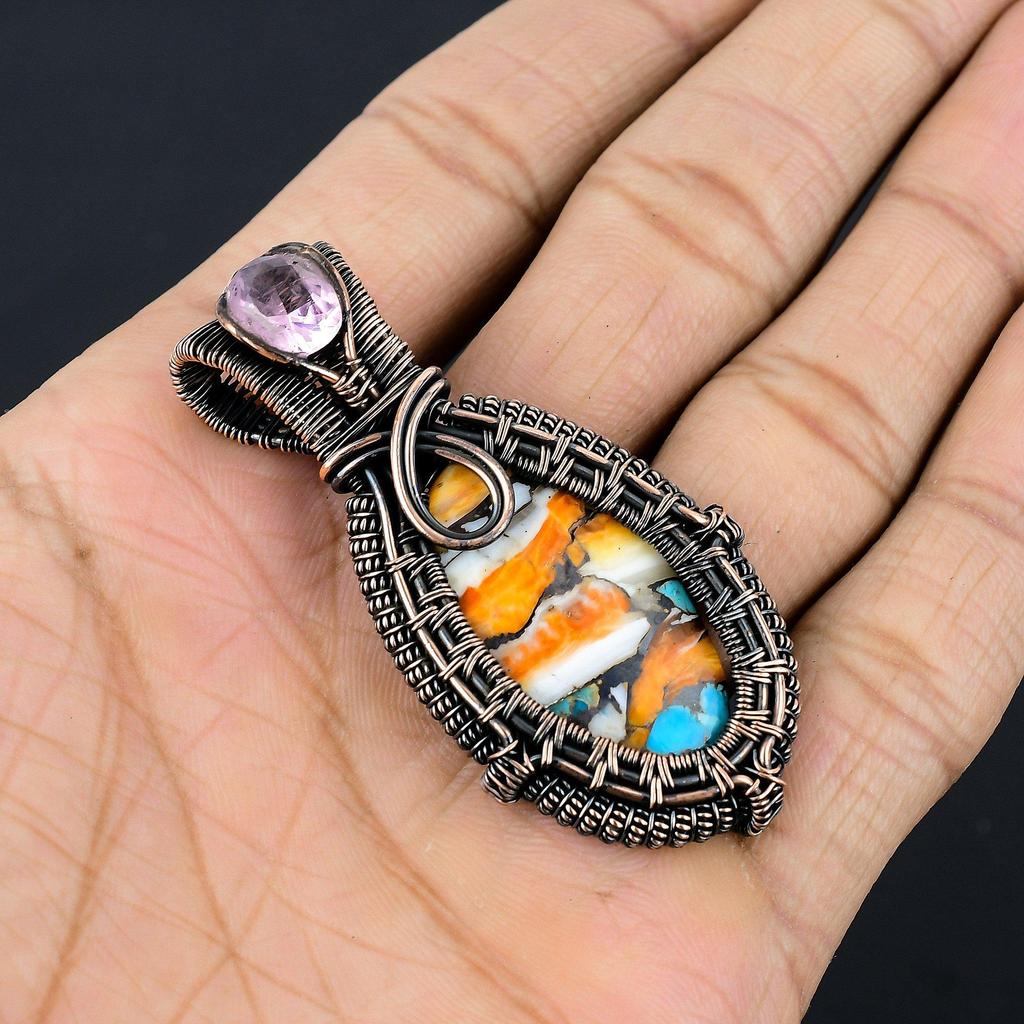 Spiny Oyster Handmade Gemstone Pendant, 999 Copper Wire Wrapped Pendant Designer Jewelry, For Anniversary Gift