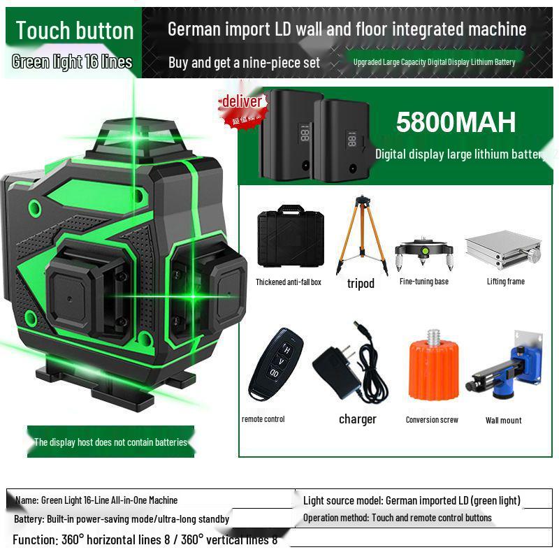 High-Precision Laser Level with Green Light, 12-16 Lines, for Walls and Floors, Automatic Leveling