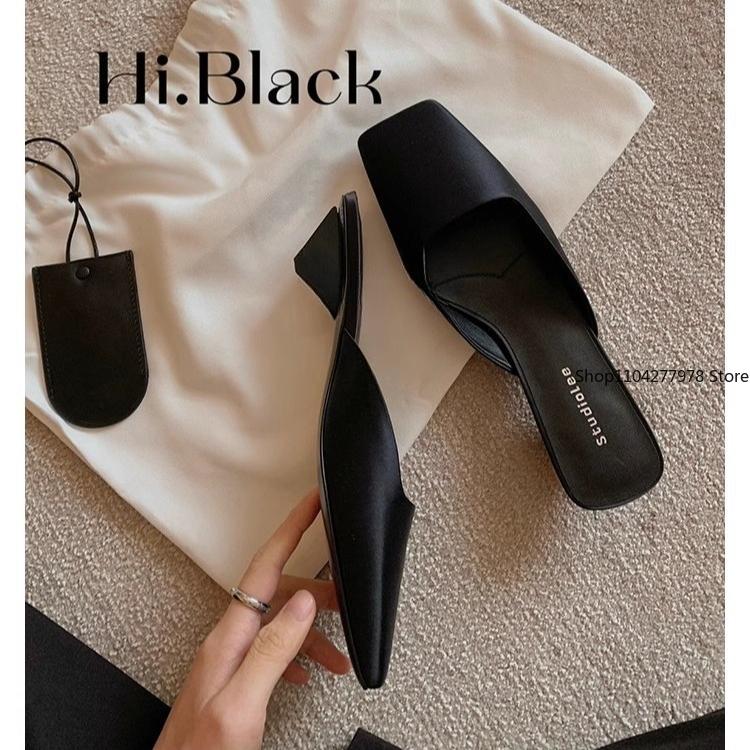Fashion Elegant Green Satin Designer Slippers Women 2025 Summer Fashion Low Heel Square Toe Mules Loafers Luxury Comfort Slide Sandals