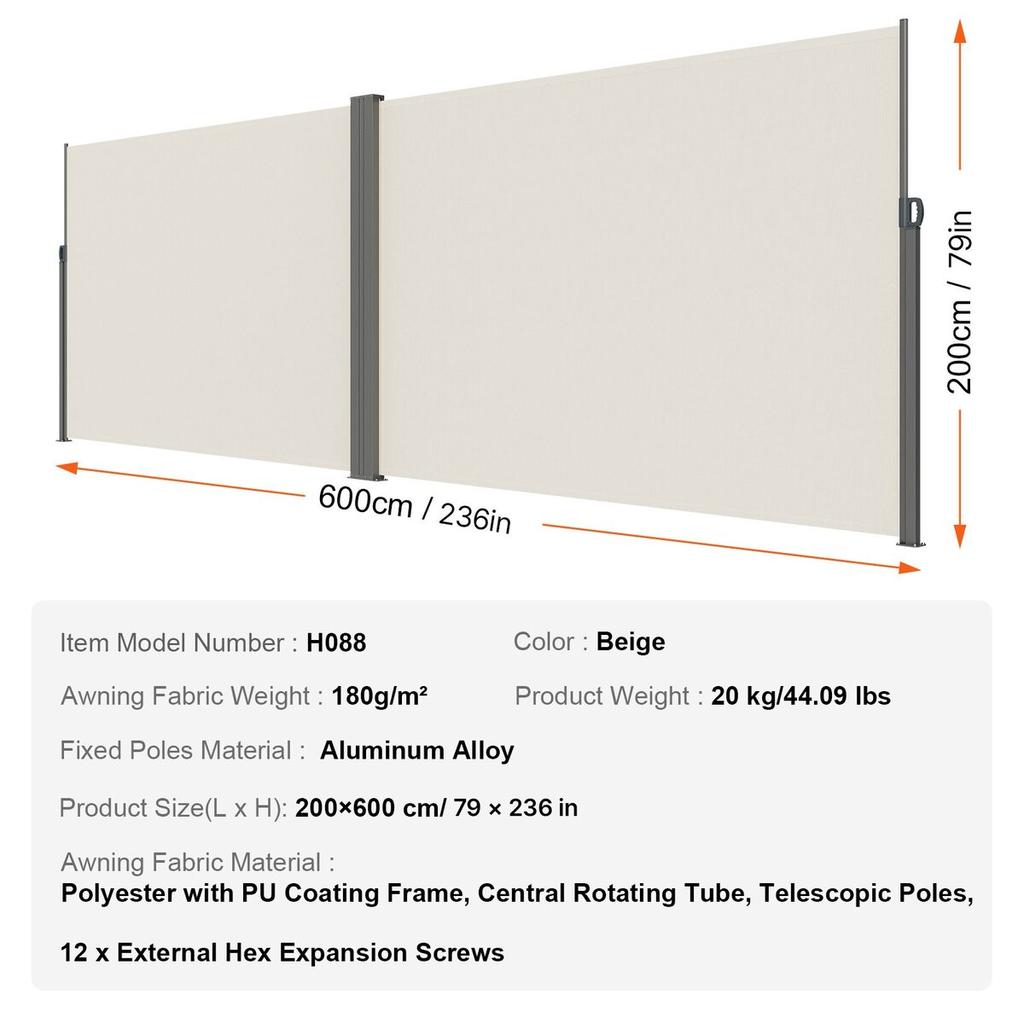 Retractable Side Awning, 79''x 236'' Outdoor Privacy Screen, 180g Polyester Water-proof Retractable Patio Screen, UV 30+ Room Divider Wind Screen for