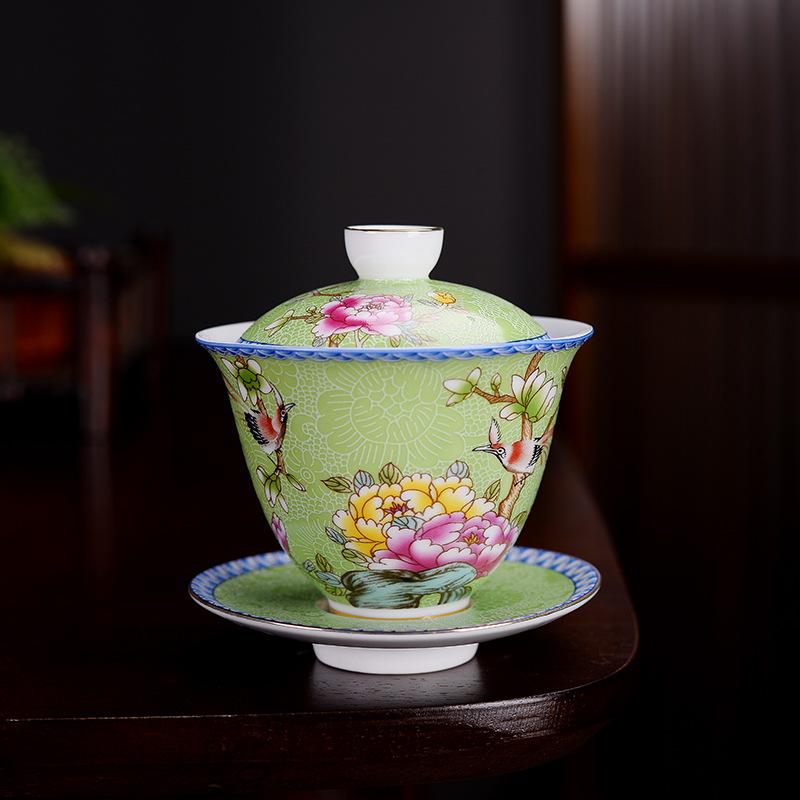 HMLOVE Color Enamel Sancai Gaiwan White Porcelain Cover Bowl Lid Saucer Kung Fu Tea Sets Handmade Tureen Travel Teaware Gift