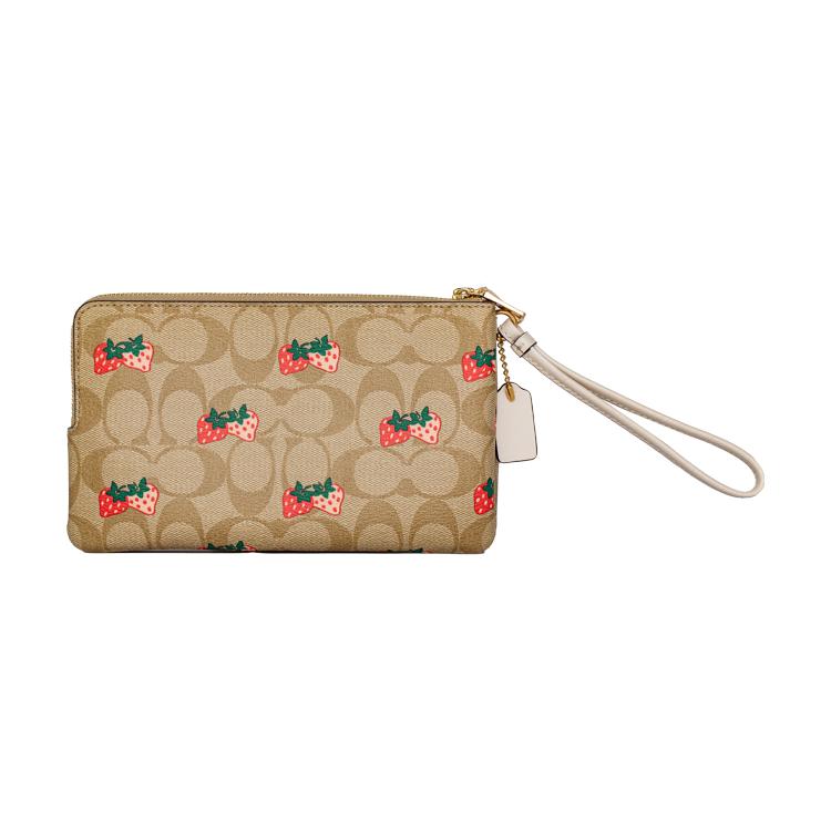 New COACH Double Zip Wallet Coated Canvas With Smooth Leather Clutch Wallet Women's Light Khaki 91835-IME7V