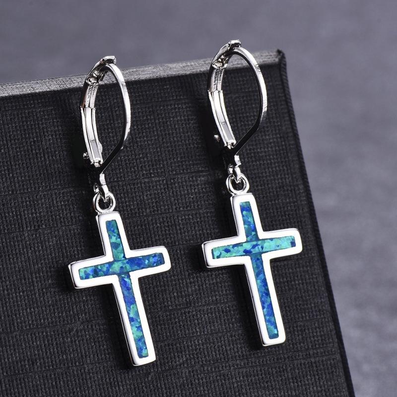 

European and American earrings, platinum cross, Opal ear buckle women s simple ins style earrings jewelry синій
