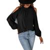 Top da donna primaverili ed estivi Camicia a foglia di loto tinta unita Girocollo Manica lunga Camicetta con spalle scoperte pieghettata termoretraibile