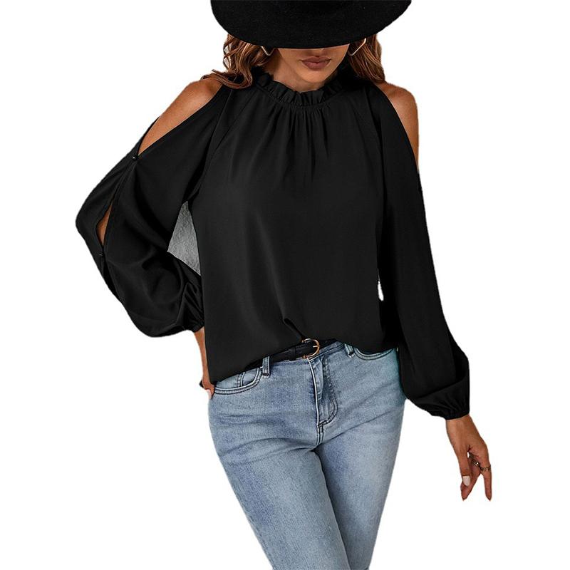 Top da donna primaverili ed estivi Camicia a foglia di loto tinta unita Girocollo Manica lunga Camicetta con spalle scoperte pieghettata termoretraibile