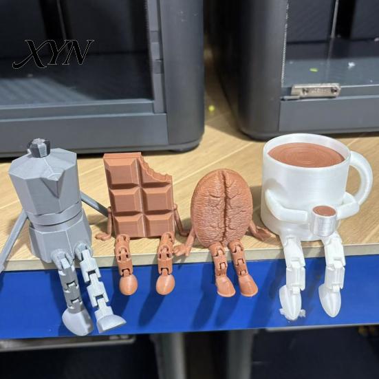 Compact Structure Sculpture 3D Printed Articulated Coffee Cup Figure, Movable Joint Desk Statue, Cute Versatile Room Decoration Bean Ornament,