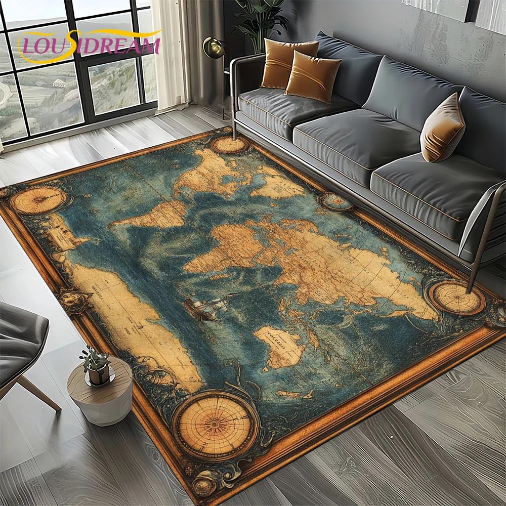 2025 Retro Ancient Nautical Chart Kraft World Map Compass Carpet Rug for Living Room Bedroom Sofa Decoration,Non-slip Floor Mat