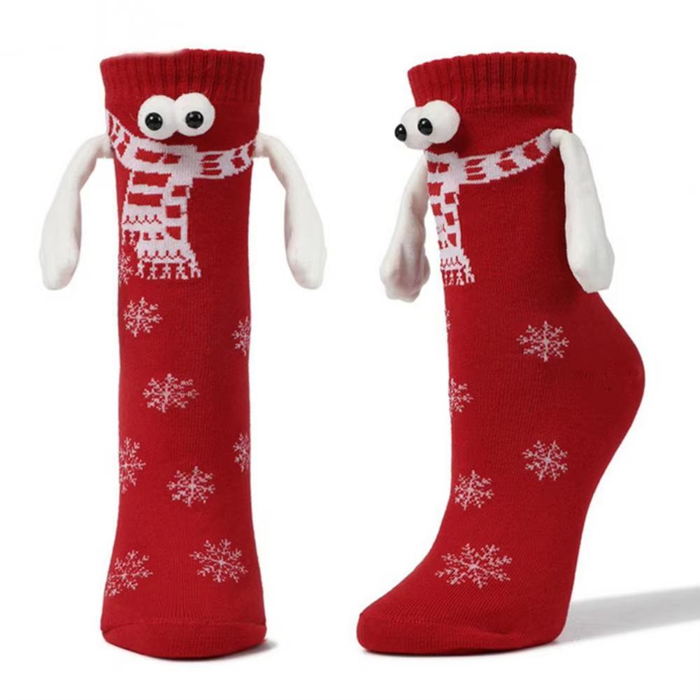 

3D Eyes Snowflake Pattern Christmas Socks Magnetic Hand in Hand Mid Calf Socks for Holiday Red