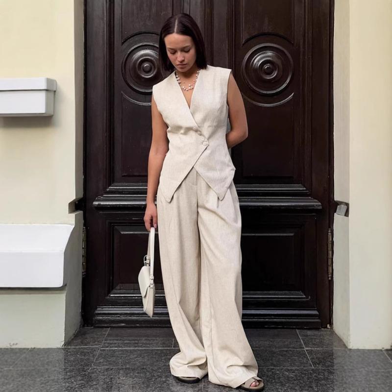 

Women s Cotton and Hemp Fabric Set Commuting 2-piece Set V-neck Vest+Loose Wide Leg Pants New Fashion Spring Summer S хакі