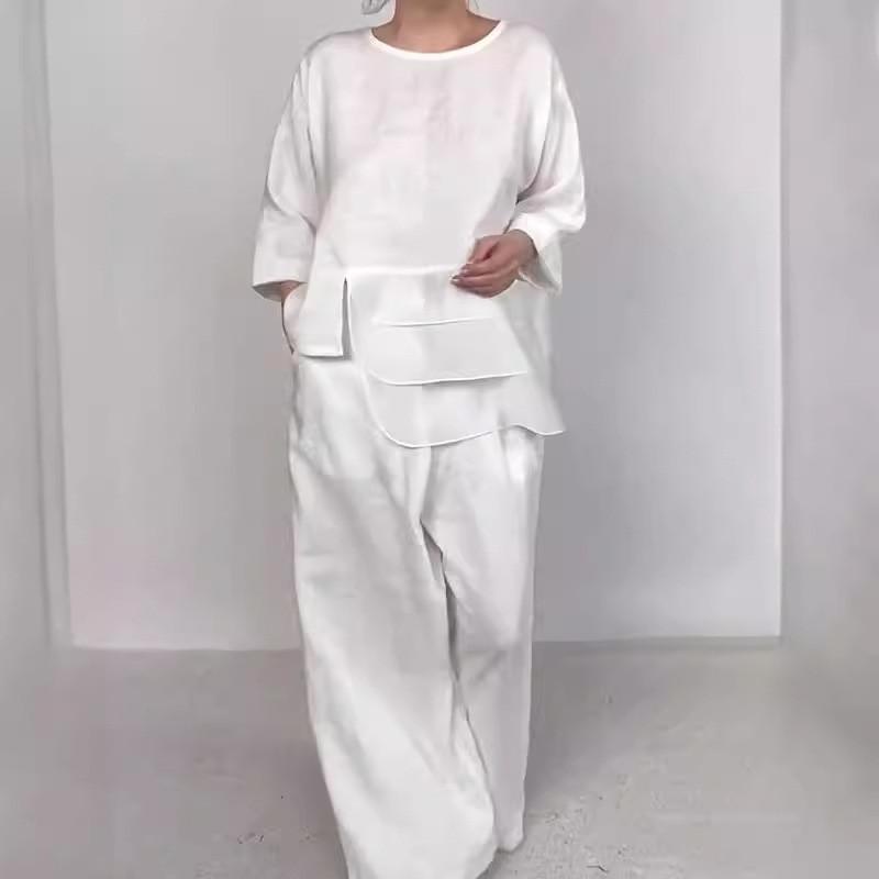 Classic Satin Shirt And Wide Leg Pants Set For Women With Pockets For Fall