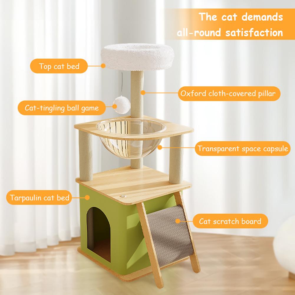 Green Cat Tree with Cat Condos Cat Scratchers Space Capsule Cat Climbing Frame Cat Tree Tower Cat Scratching Posts Pet Products