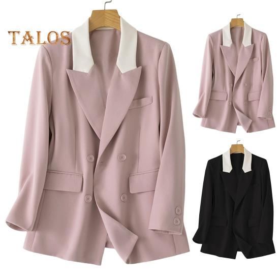 Women Casual Suit Coat Notched Lapel Long Sleeve Patchwork Color Suit Jacket Double Breasted Flap Pockets Loose Fit Office Lady Outwear