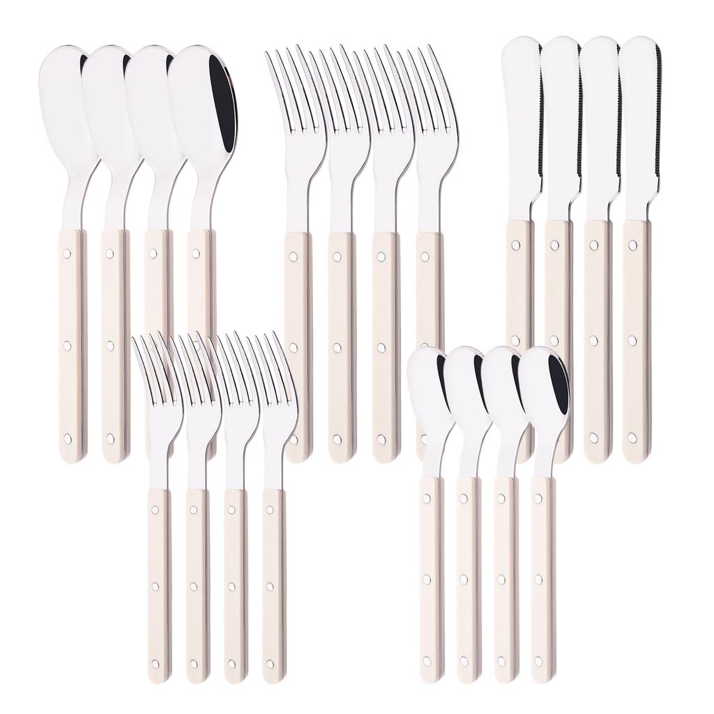 20 PCS Stainless Steel Flatware Set Service for 4, Retro Style  Tableware Forks Spoons Knives Eating Utensils, Acrylic Handle with Rivets Design