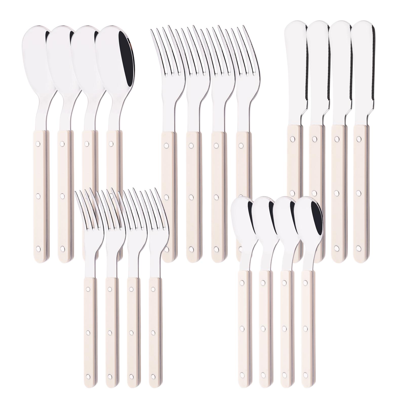 

20 PCS Stainless Steel Flatware Set Service for 4, Retro Style Tableware Forks Spoons Knives Eating Utensils, Acrylic Handle with Rivets Design бежевый