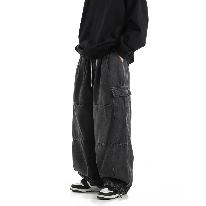 Jeans Cargo Larghi Neri da Uomo Casual Gamba Larga Pantaloni da Jogging Oversize Vintage Dritti Larghi Pantaloni Jeans da Lavoro Morbidi Comodi