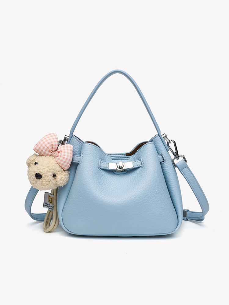 Korean Style Genuine Leather Bucket Bag with Cute Dog Pendant - Versatile Crossbody and Shoulder Bag for Women