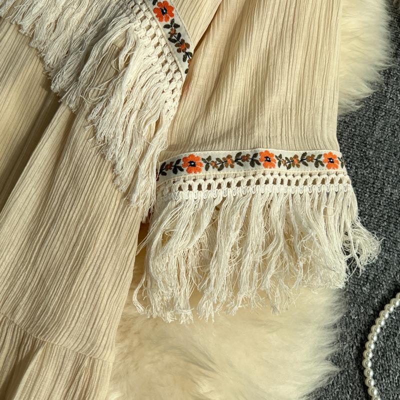 Vintage Lange Kleider Frauen Sommer V-Ausschnitt Halbarm Quaste Patchwork A-Linie Hohe Taille Spitzenkleid