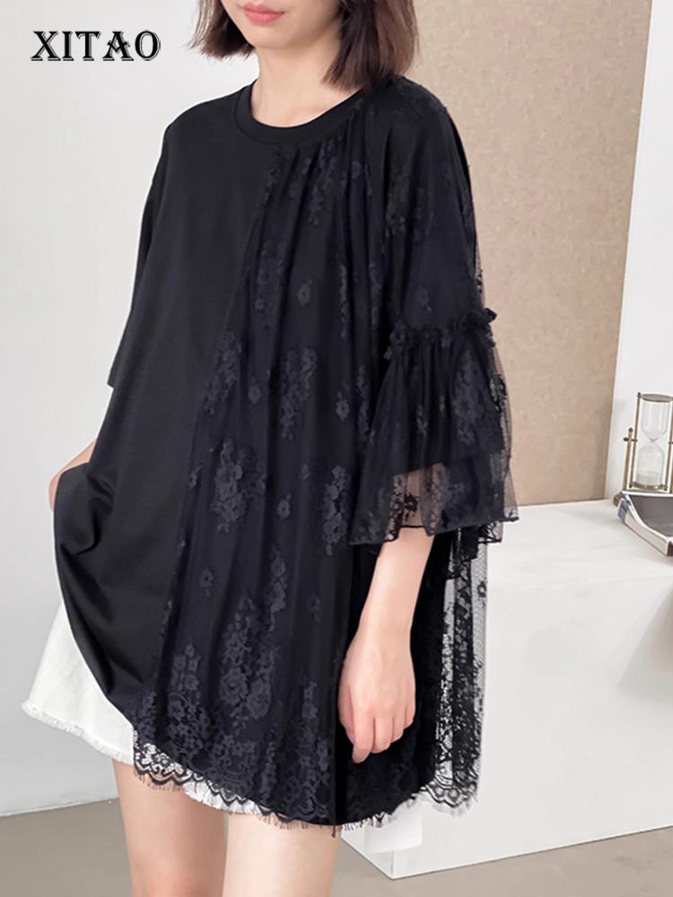 

XITAO Lace Mesh Patchwork Loose T-shirts Solid Color O-neck Fashion Women Tops LYD1853