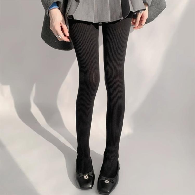 Women Solid Color Thicken Cotton Pantyhose Ribbed Knit Striped Sweater Tights