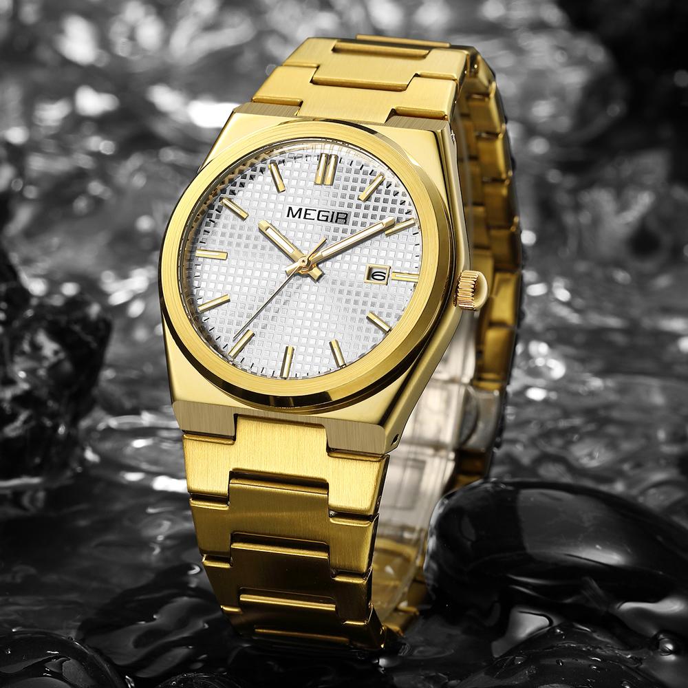 Men's New Quartz Watch Fashion Golden Analog Waterproof Wristwatch with Calendar Luminous Hands Stainless Steel Strap