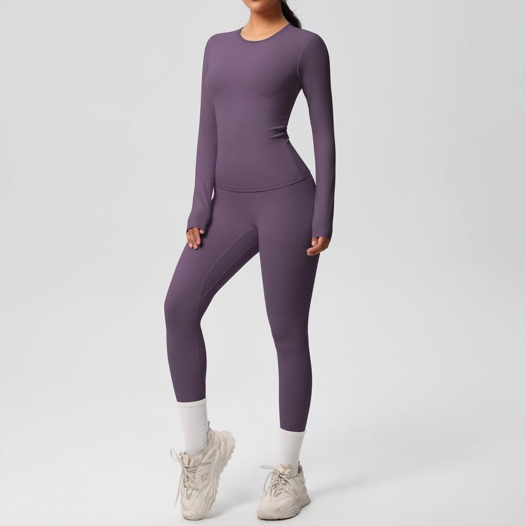 Dual-Sided Solid Color Long-Sleeve Yoga and Running Set - Two-Piece Fitness Outfit