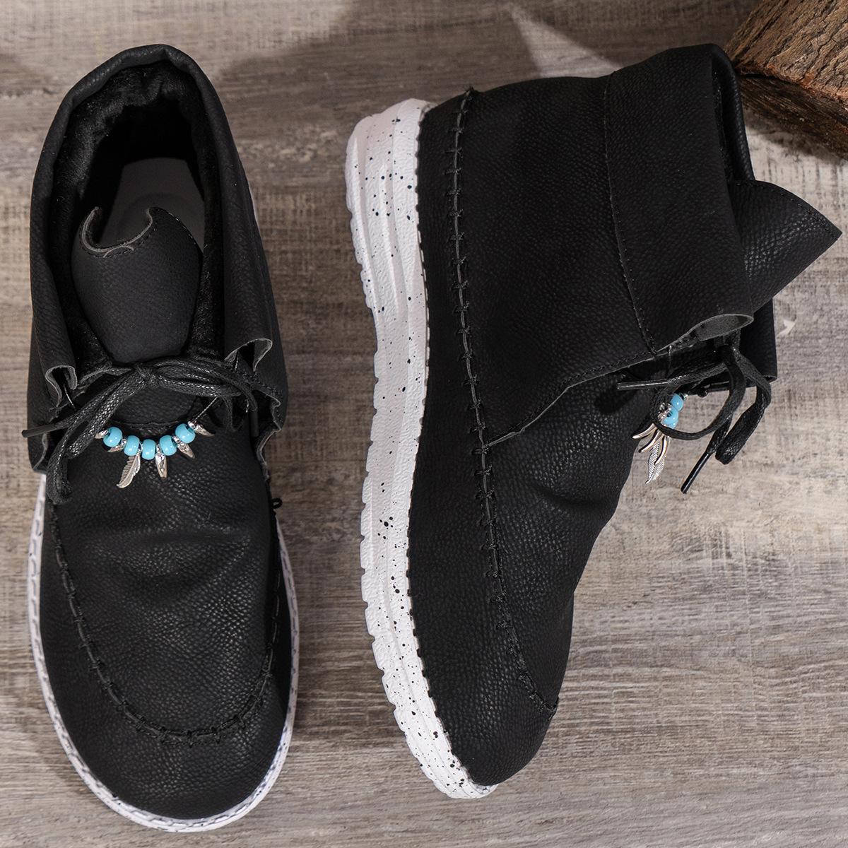 

Весенне-осенние ковбойские ботинки большого размера однотонные с широким голенищем круглым носком на шнуровке на толстой подошве женские туфли 43 чёрный